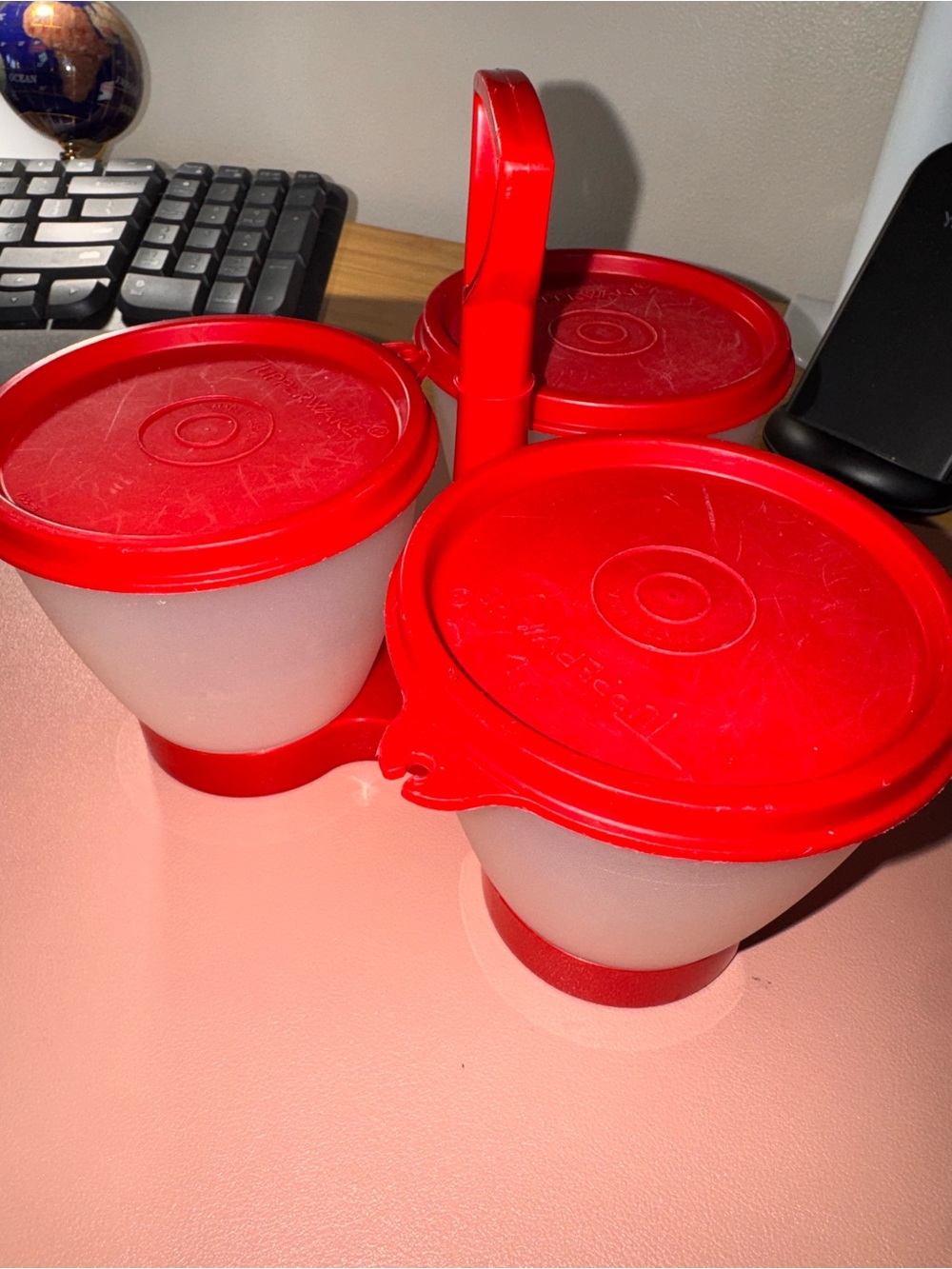 Vintage Tupperware 3 Bowl Condiment Server Relish Tray Carrier Red & White USA